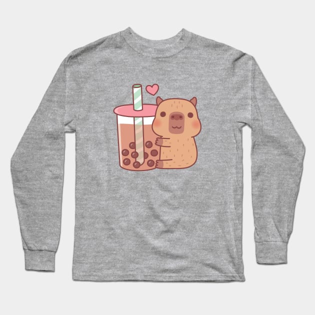 Cute Little Capybara Hugs Bubble Tea Long Sleeve T-Shirt by rustydoodle